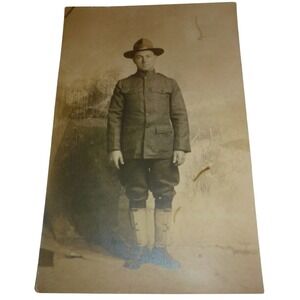 Antique WWI Real Photo Postcard Soldier Portrait Leggings Campaign Hat AZO